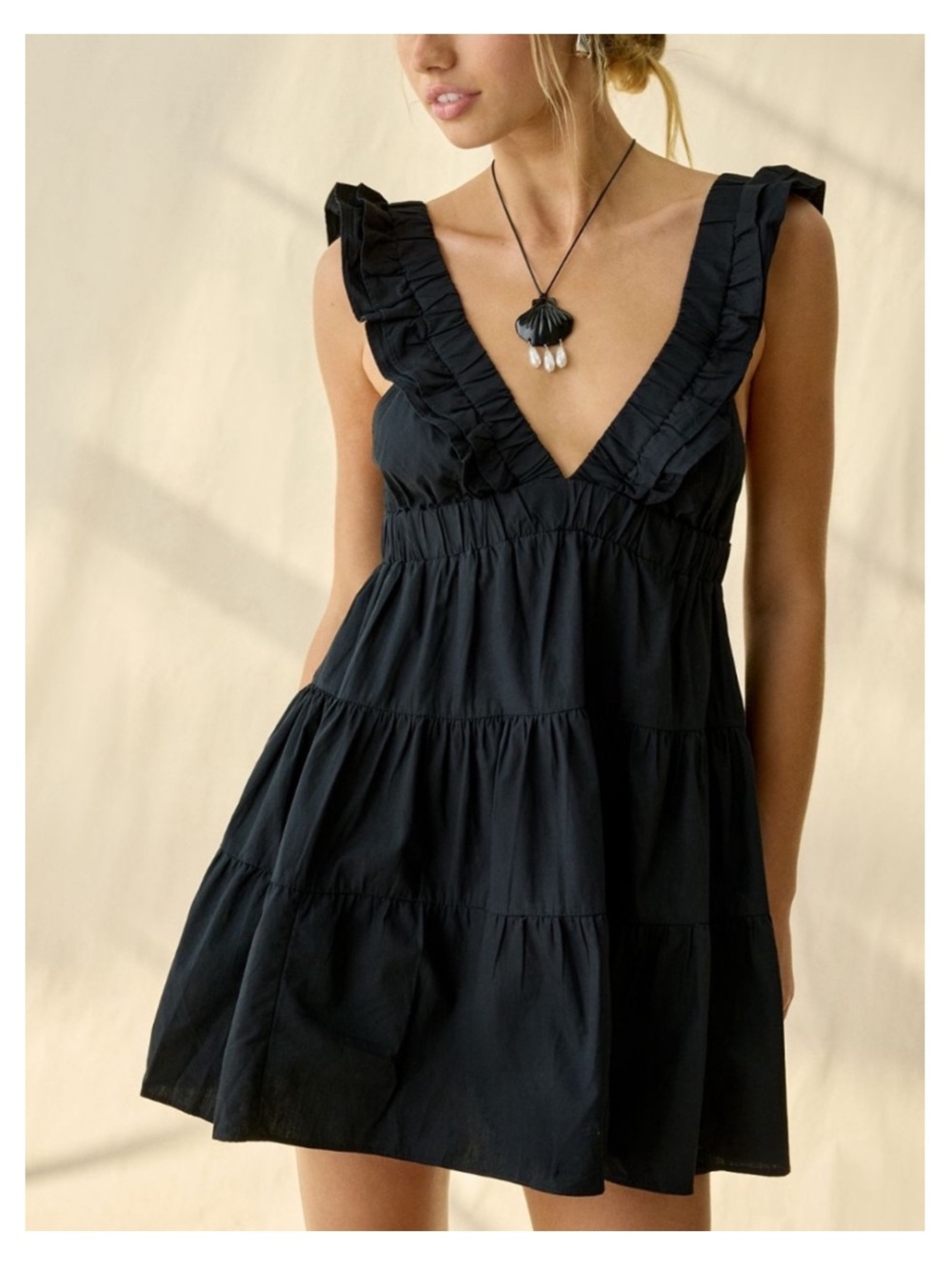 🟤NWT KIMCHI BLUE Tiered Ruffle Mini Dress in Black MED